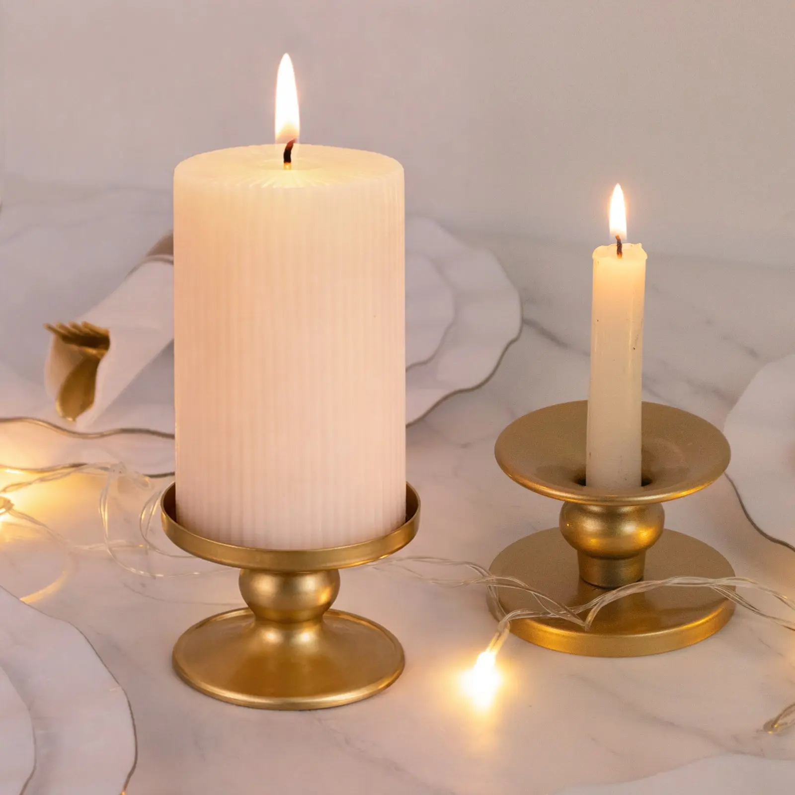 6 Pack 2" Gold Metal Candle Holders, Reversible Pillar & Taper Candlestick Stands