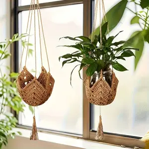Bohemian Lace Plant Hanger with Tassels, Jute Crochet Wall Basket with Hooks, Sturdy Twine Construction, Indoor & Outdoor Use
