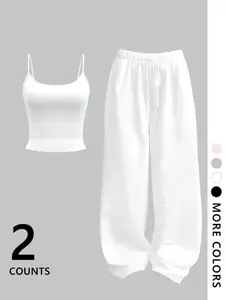 Women's Two-Piece Set, Solid Color Crop Cami Top & Drawstring Waist Pants, Fitted Short Sleeves, All-Season Comfortable