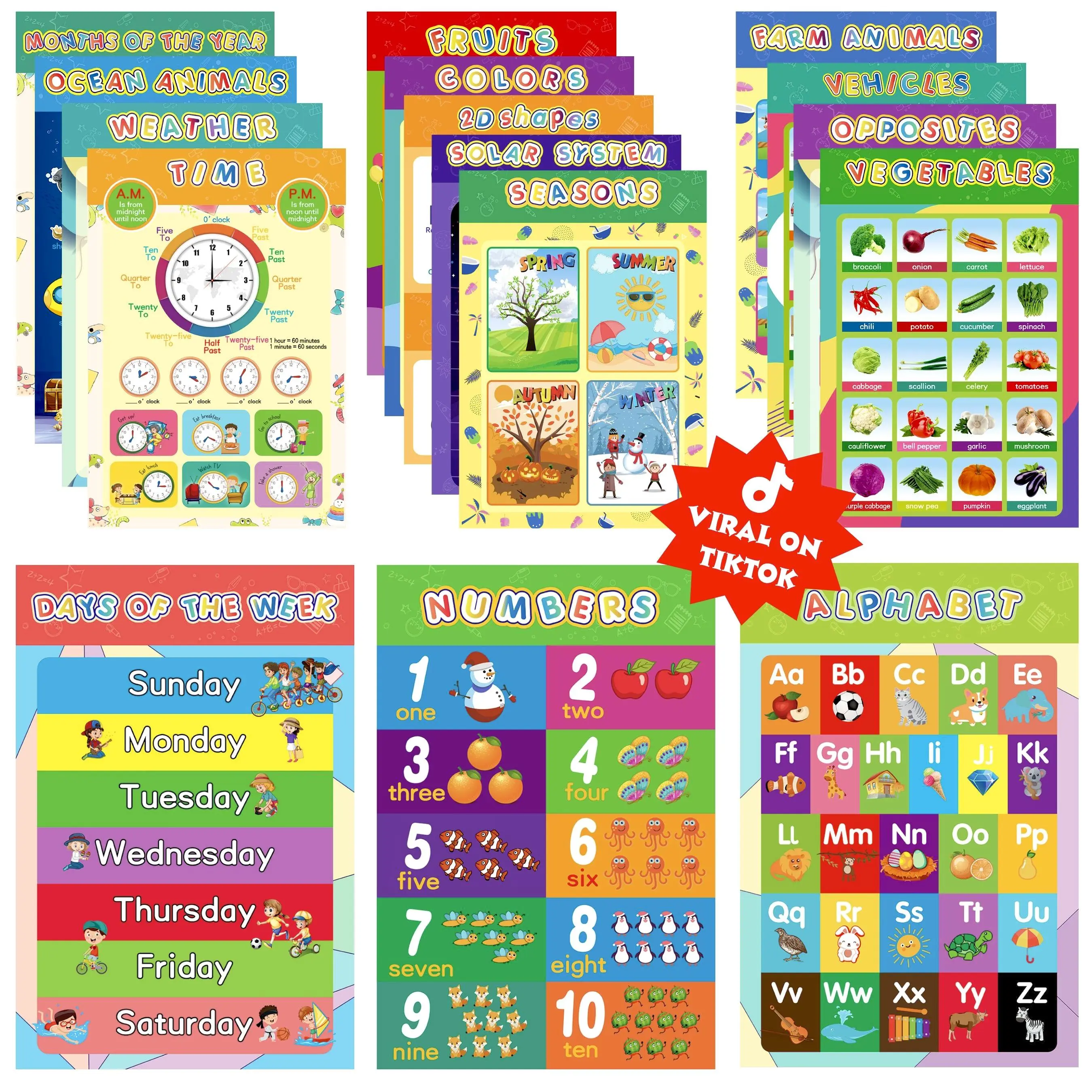 16 Counts Educational Posters for Children Classroom and Teacher Decor for Kids, Perfect for All Ages, Ideal for Elementary and Boho-Themed Rooms and Classrooms