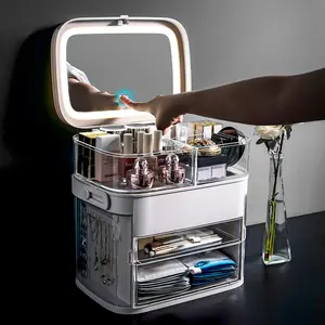 Influencer-style cosmetics storage box dustproof skincare vanity table desktop LED with mirror jewelry integrated organizer