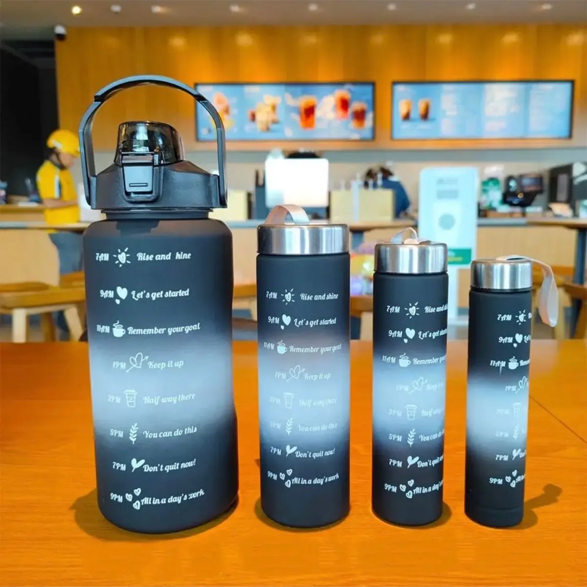 Color gradient black Set of 4 sports water bottles, BPA-free, 64 ounces, 25 ounces, 15 ounces, 9 ounces, leak-proof, inspiring water bottles with drinking straw, fitness water bottle for the family, outdoor gym