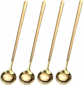4 Piece Long Handle Stainless Steel Spoon Set Gold Plated for Coffee Dessert Stirring Elegant for Drinks Latte Cocktail Ice Cream