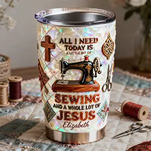 Personalized Tumbler 2 D Printed 3D Effect Vintage Quilted Sewing Machine Design For Christian Seamstress Tailor Religious Craft Lover Daily Use Faith Inspired Gift Idea Keepsake