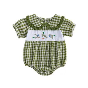 Canrulo Newborn Baby Girl Summer Clothes Peter Pan Collar Plaid Duck Embroidery Smocked Bubble Short Sleeve Romper  Outfit