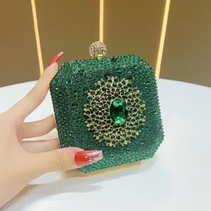 Emerald Green Mini Square Box Clutch, Elegant Luxury Women Evening Bag, Sparkling Rhinestone Clasp Design Party Formal Handbag