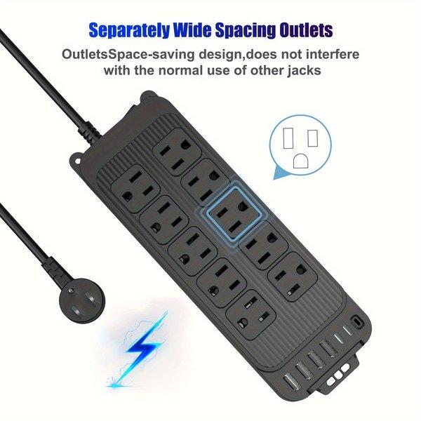 Surge Protector Power Strip with 10 Outlets & 6 USB Ports – USB C Charging Station, Flat Extension Cord 4ft, Compact for Home Office Travel Dorm