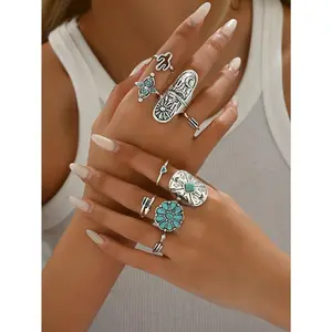 9pcs/Set Bohemian Silver Embossed Print Turquoise Inlay Ring Set, Rings Can Be Worn Separately Or Combined, Suitable For Women's Daily Outfit, Decoration, Holiday Party Wear