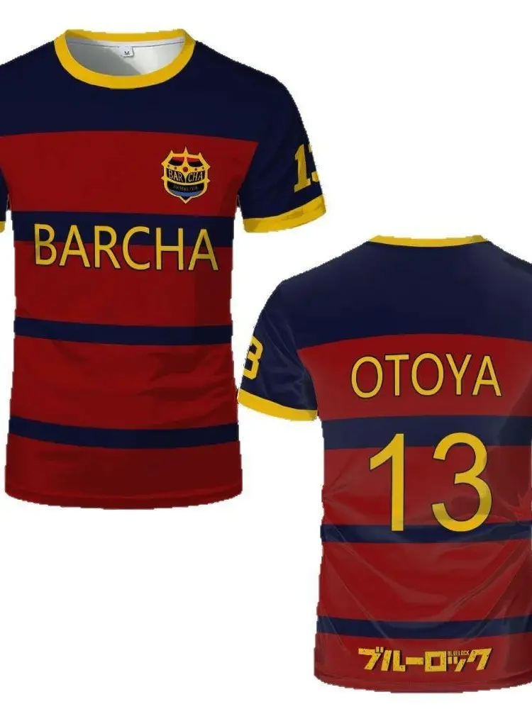 Men's short-sleeve striped soccer-style T-shirt featuring a Japanese anime aesthetic, color-blocked yellow trim, and a printed number design—a versatile, everyday sporty top.