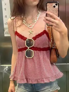 Summer Plaid Lace Patchwork Sleeveless Tank Top for Women, Vacation Style Casual Slim Fit Sweet Feminine A-Line Babydoll Vest, Sexy Letter Pattern