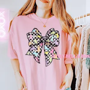 Checkered easter bunny bow shirt, comfort colors shirt