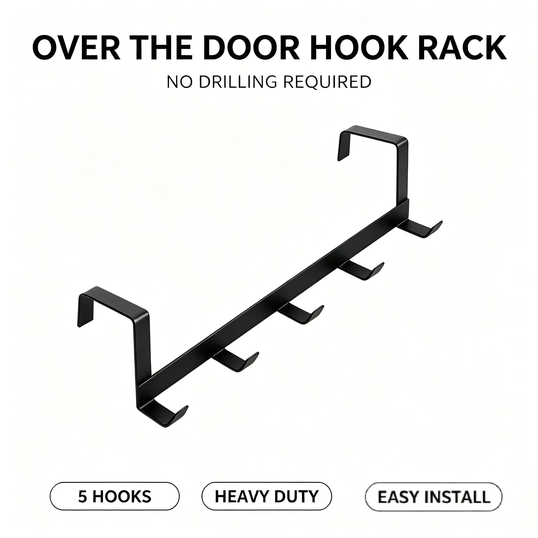 Over The Door Hook Rack, No Drill 5 Hooks Heavy Duty Metal Door Hanger, Fits Doors Up To 4.5cm Thick, Black Space Saving Door Hooks for Towel Bag Keys, Bathroom Bedroom Kitchen Storage