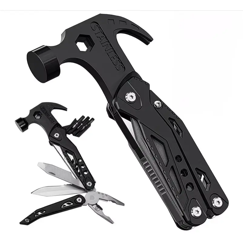 Multitool Hammer Folding Survival Tool: 14 in 1 All One Multi Mini Small Gadget - Camping Hiking Car Multifunctional Stainless Pliers Knife For Men Dad Cool Gifts