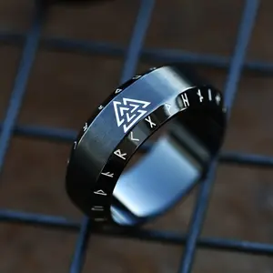 GTHIC Black Viking Valknut Runes Stainless Steel Band Ring for Men and Women Daily Wear Personalized Birthday Gifts