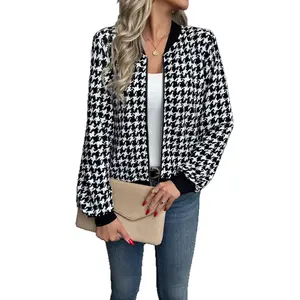 Women's Fall Houndstooth Zip Jacket Oversized Casual Blazer Lightweight Layering Piece for Streetwear and Work Loose Long Sleeve Button Up Shirt Vintage T Shirt Womenswear Coats Polyester Material Tops Outerwear Fitted Black