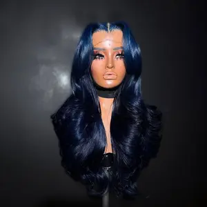 Dark Blue Colored 13x6 Lace Frontal Wigs Human Hair Wig Midnight Blue Ready Go Brazilian Body Wave Lace Front Wig Pre Plucked Lace Frontal Human Hair Wigs for Women 180% Density 32 inch