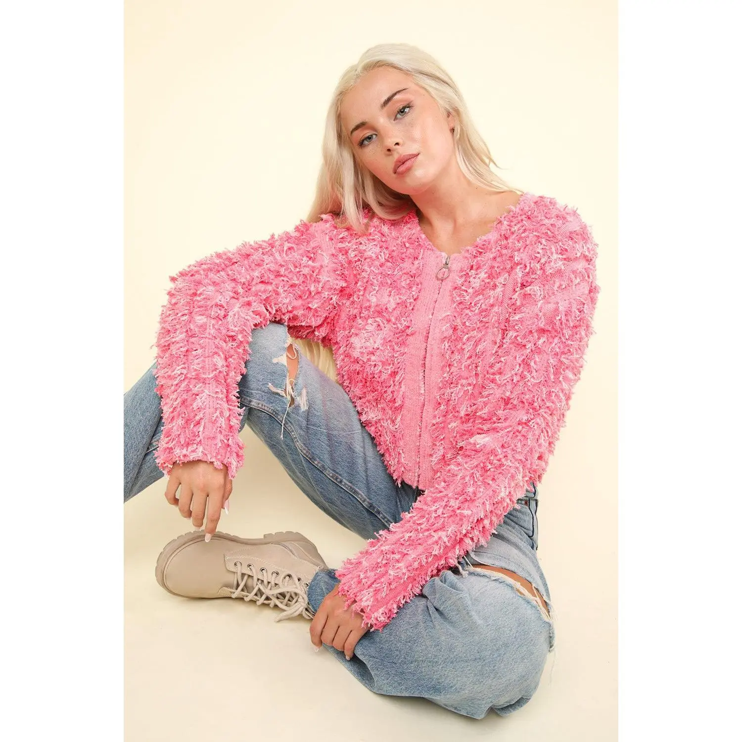 VERY J Shaggy Yarn Knit Zip Up Jacket