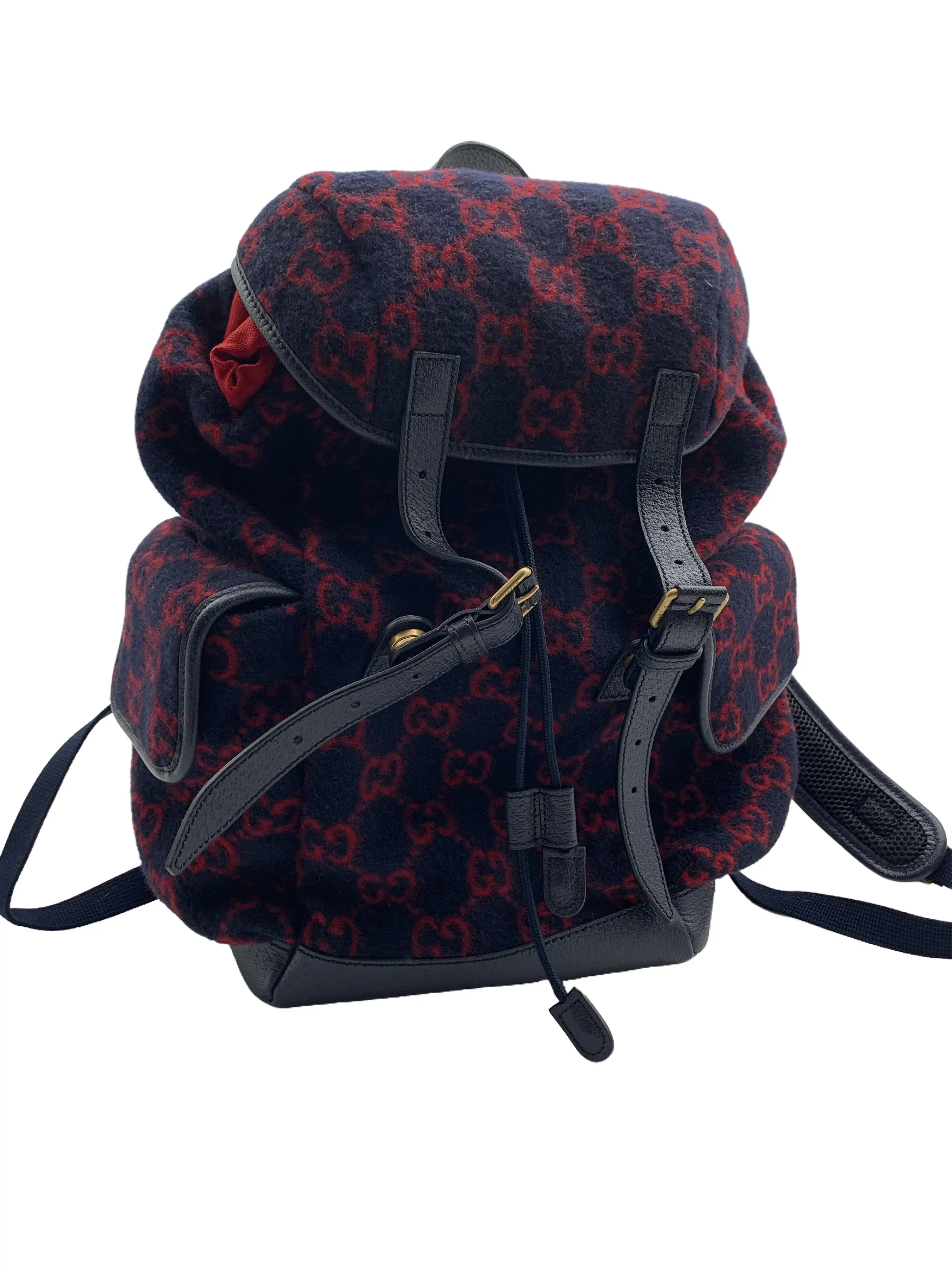 Pre-owned GUCCI Navy Red GG Wool Monogram Flap Backpack, Pre loved Bag/WJ10213903/3903/men