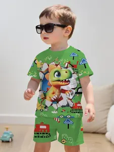 Cute Dinosaur Wall-Breaking Set, Shorts, Vibrant Cartoon Print, Unlock Summer Adventure Style, Casual Fitted Clothing for Kids