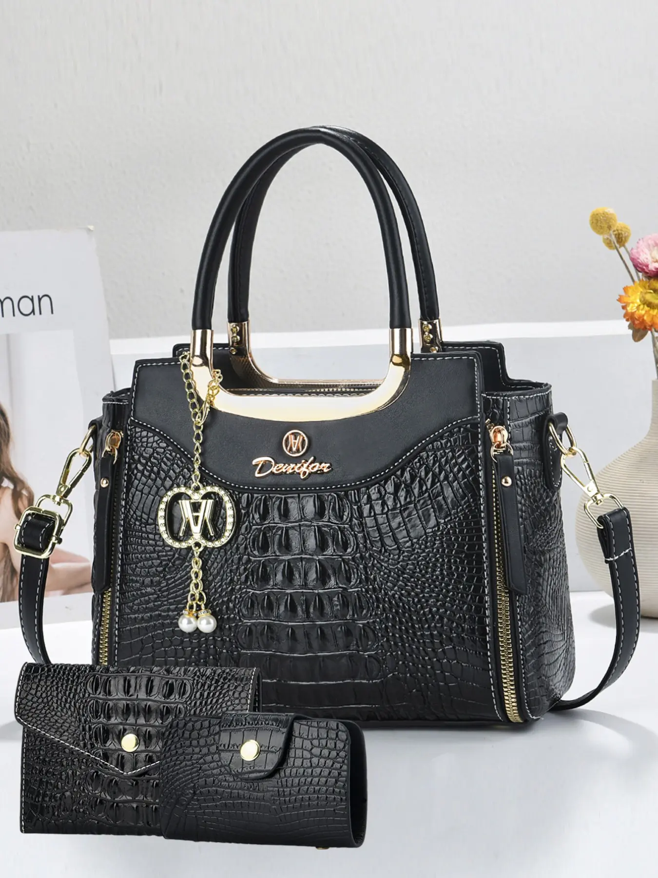 Crocodile Pattern Handbag Set, Luxurious Large Capacity Shoulder Clutch, Versatile Commuter Bag Set, Geometric PU Leather Design, Top Handle Satchel, Handbag Combo, Bags and Accessories