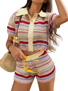 TANKANEO Women's Striped Knit 2-Piece Set - Soft, Breathable Cropped Button Top & High-Waist Shorts for Beach, Fit Wear