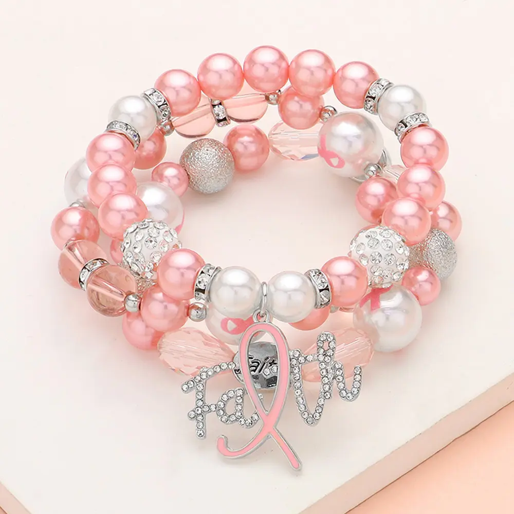 3PCS Stone Paved Pink Ribbon FAITH Message Charm Set for Jewelry Making Keychains or Decorative Items 2.5" H Lead Nickel Compliant