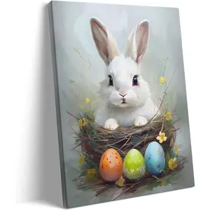 Framed Bright Easter Canvas Wall Art, Elegant Bunny and Easter Eggs Canvas Print Poster, Floral Painting Colorful Spring Artwork Decoration Pictures Wall Decor for Bedroom Office, 16x20in