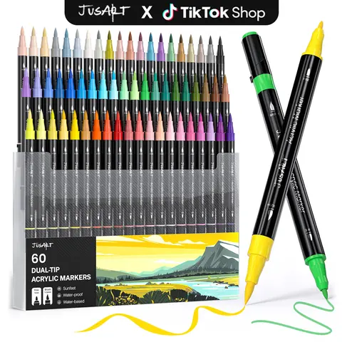 Dual-Tip Acrylic Paint Markers - 60/48/36/24 Assorted Colors, Cotton Nib Brush & Fine Ends, Premium Multifunctional Outline Coloring Pens, Dual Tip Paintpens for Drawing Art Supplies, Works on Metal/Rock, Office Stationery, Acrylic Painting Pens