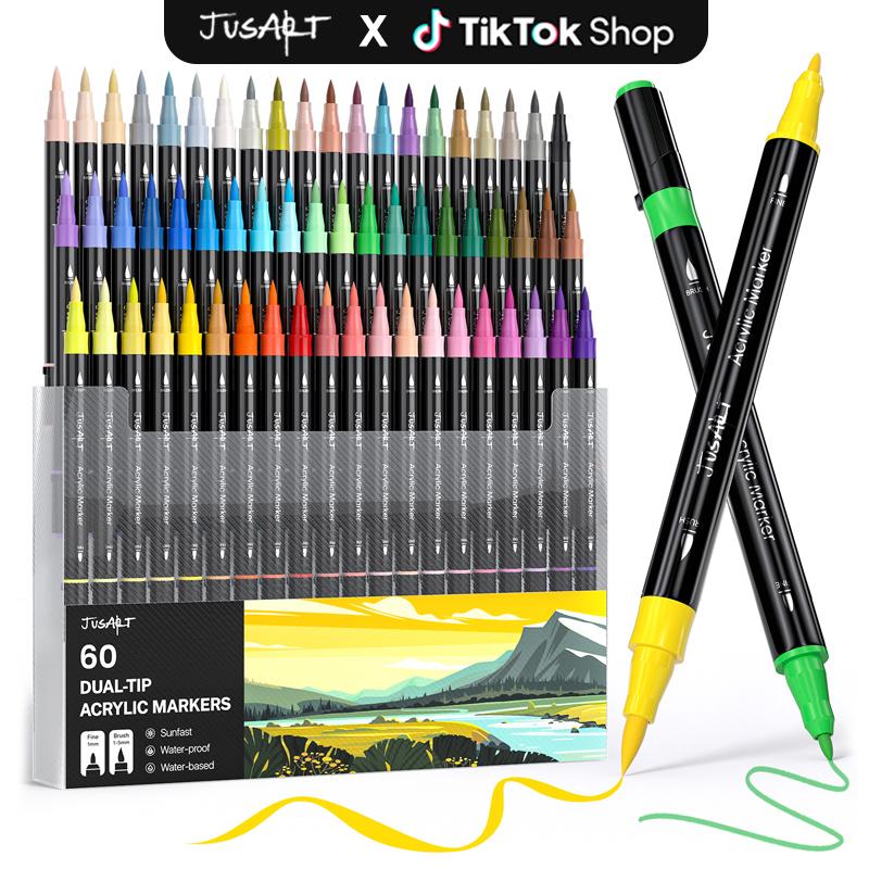 [JusArt] 60/36/24 Colors Dual Tip Acrylic Paint Pens Markers, Brush and Fine Tip, Premium Paint Pens for Various Surfaces, Acrylic Paint Markers, Markers for Coloring, Art Supplies, Acrylic Marker, Coloring Supplies