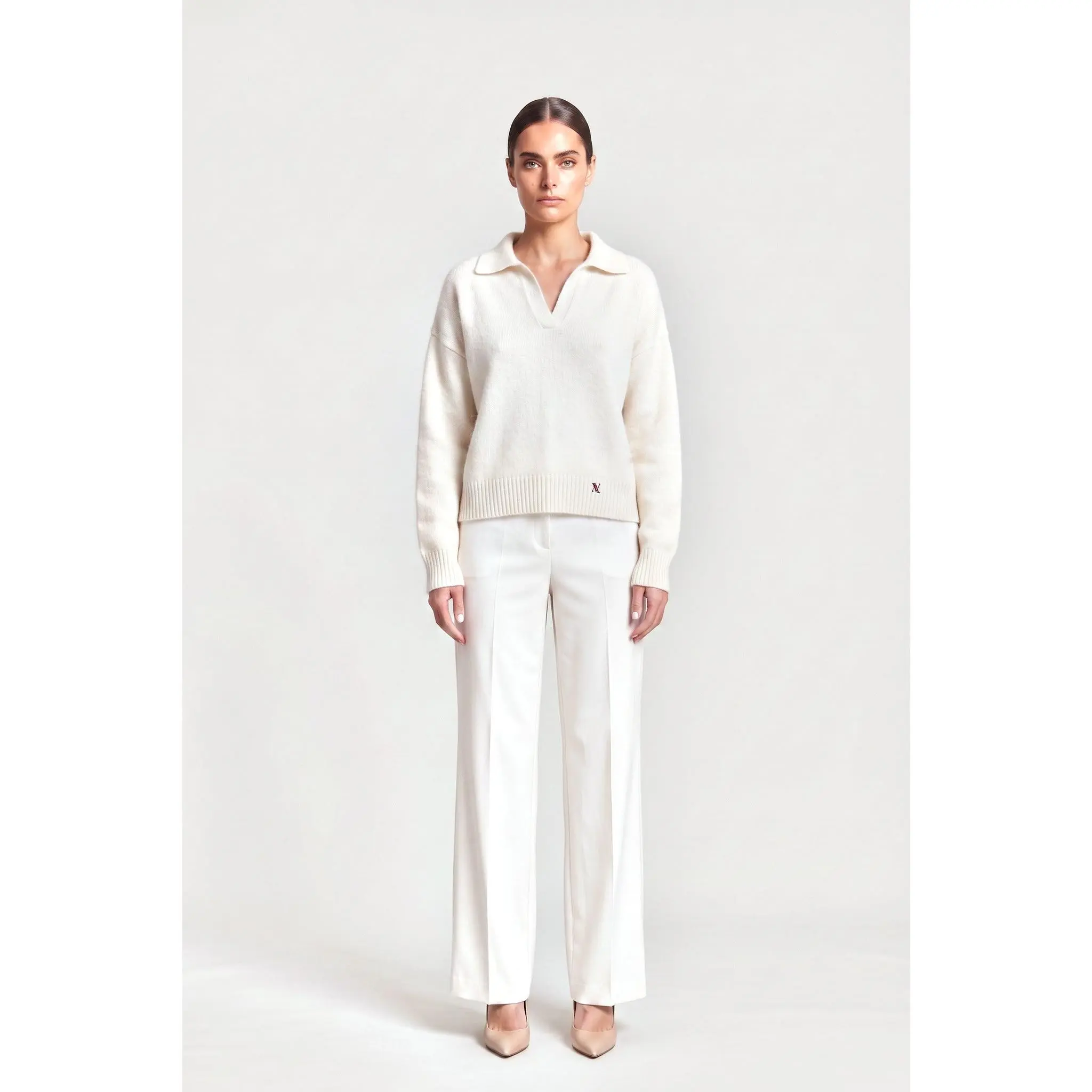 Long Sleeve Polo Sweater In Cream