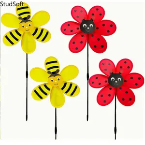 2 Pack / 4 Pack Cute Bee & Ladybug Garden Wind Spinners Set, Whimsical Flower Shape Wind Stakes, Colorful Outdoor Yard Art Decor for Patio, Lawn, Garden & Kids Play Area