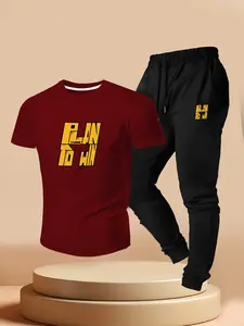 Men's Plan to Win Motivational Letter Print Casual Short Sleeve T-Shirt & Jogger Pants Two-Piece Set, Summer Street Style