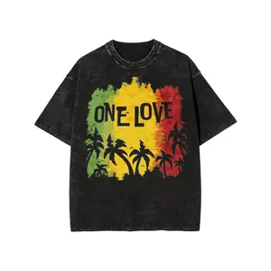 One 100 Percent Cotton Front Washed T Shirt With Rasta Colors And Palm Trees Design For Summer Festivals Unisex Daily Wear 230g