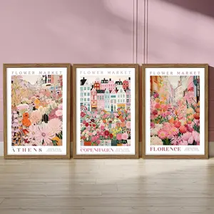 Floral Wall Art Set of 3, Colorful Flower Market Canvas Wall Decor Paintings, Pink Wildflower Botanical Posters Prints Pictures Artwork for Bedroom Living Room, Modern Floral Paintings, Unframed