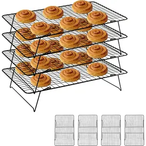 Cooling Rack, 4 Tier Stackable Cooling Racks for Cooking Baking Roasting, Multi-Level Collapsible Cookie Rack for Cakes, Oven Safe & Easy Clean (Black, 4-Tier)