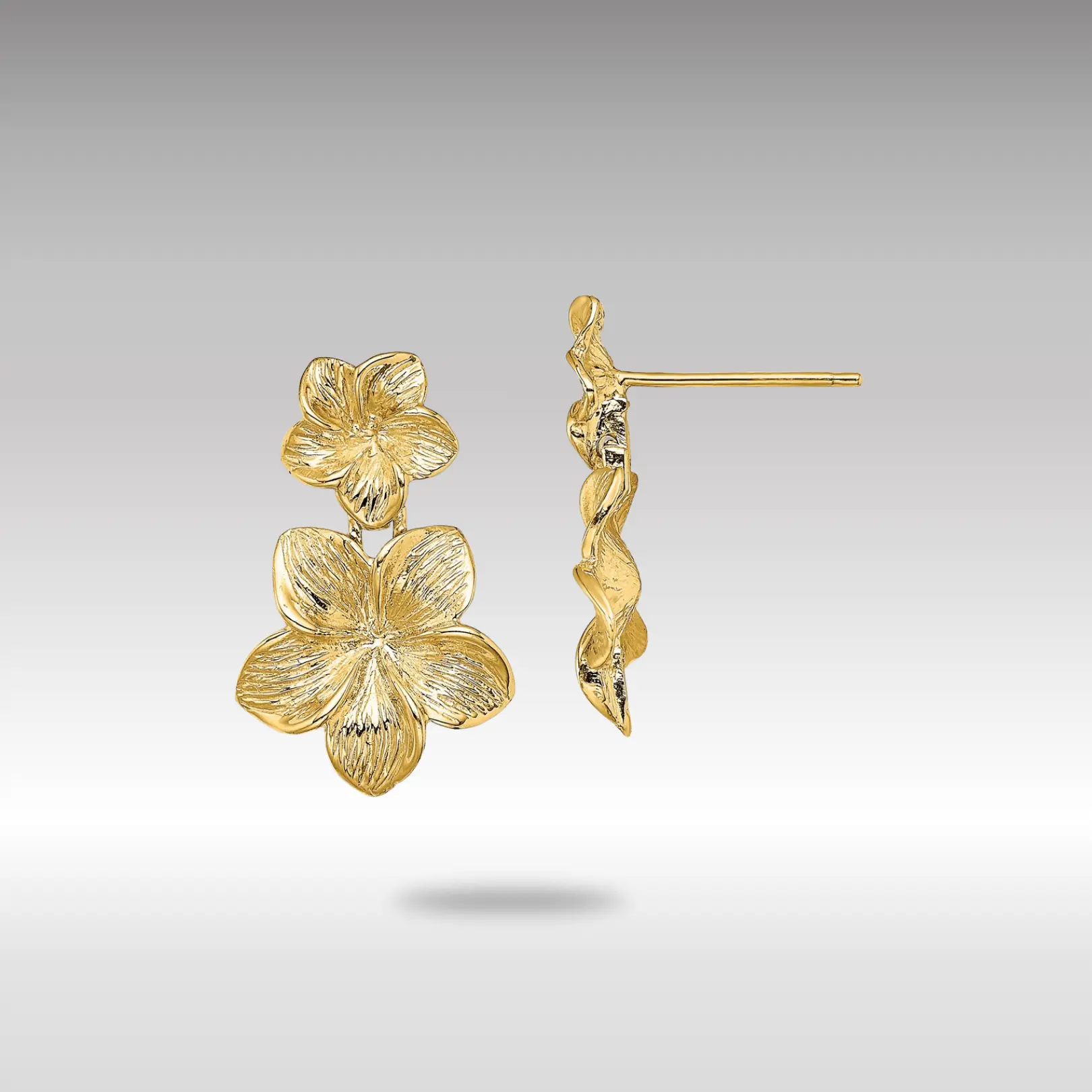 14K Gold Double Plumeria Flower Post Dangle Earrings - Model TE721