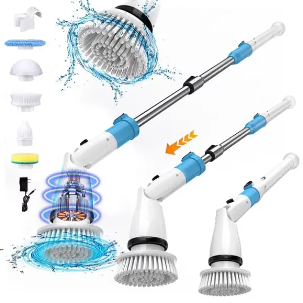 Electric Spin Scrubber, Cordless Power Scrubber with 450 RPM, 5 Replaceable Brush Heads, Adjustable Telescopic Handle, Waterproof Shower Cleaning Brush for Bathtub Tile Floor Kitchen