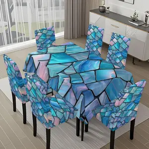 5/7-piece 2D Flat Printing Blue and Pink Glass Mosaic Printing Pattern Tablecloth and Chair Cover Set, for dining table and chair decoration, perfect for home, holiday gatherings, restaurants, and parties.