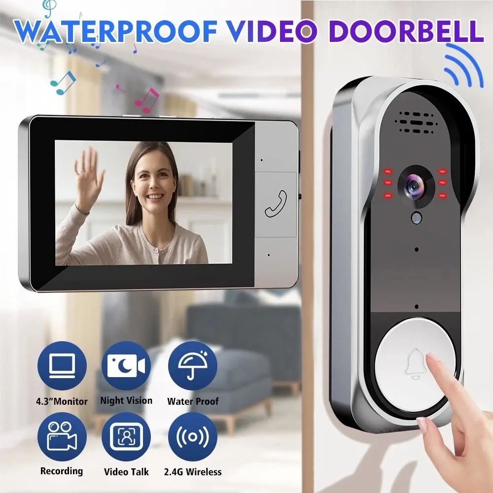 Wireless Smart Video Doorbell with 4.3 Inch Color Screen, Night Vision, Waterproof Design, Long Battery Life, Supports Video Call and Two-Way Audio