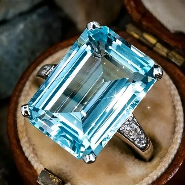 Bold Emerald-Cut Large Transparent Aqua Blue Brilliant Gem 4-Prong Ring Textured Shank With Micro Inlaid Crystals Glam Hand Ornament for Banquet Dating Daily Styling