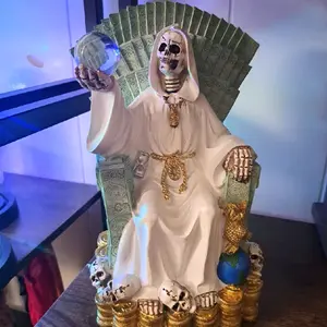 10 Inch Santa Muerte Statue with Money and Skull Decorations on Throne Collectible Figurines Black Decorative