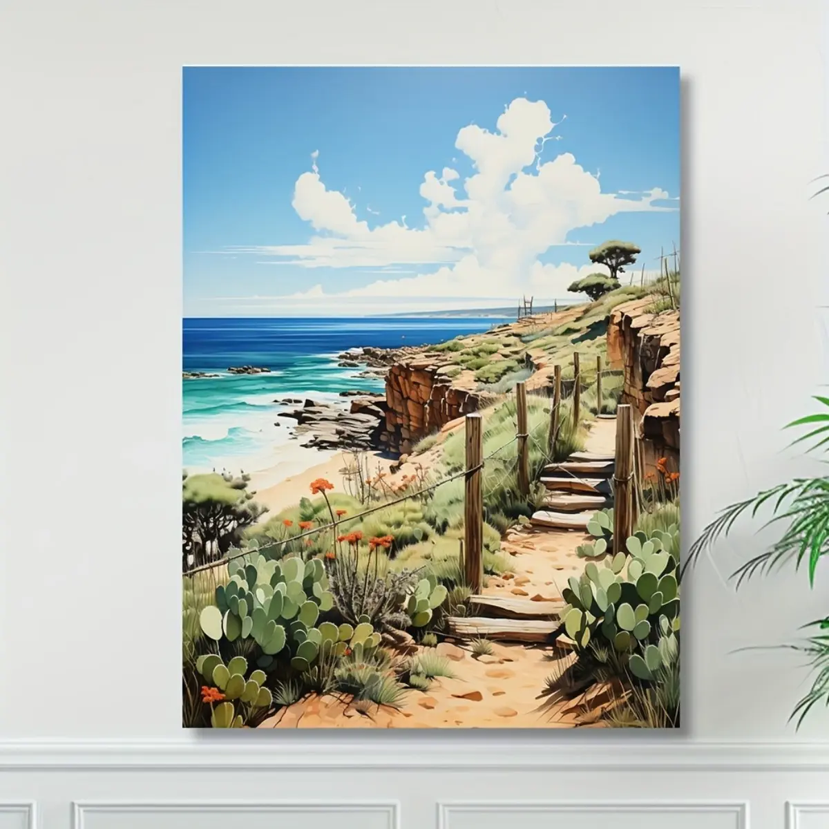 Australian Beach Landscape Canvas Print - Coastal Scene with Cacti and Sand Dunes Wall Art - Unframed Decorative Painting for Living Room, Bedroom, Studio Poster Ornaments Artistic Photo Decoration Home