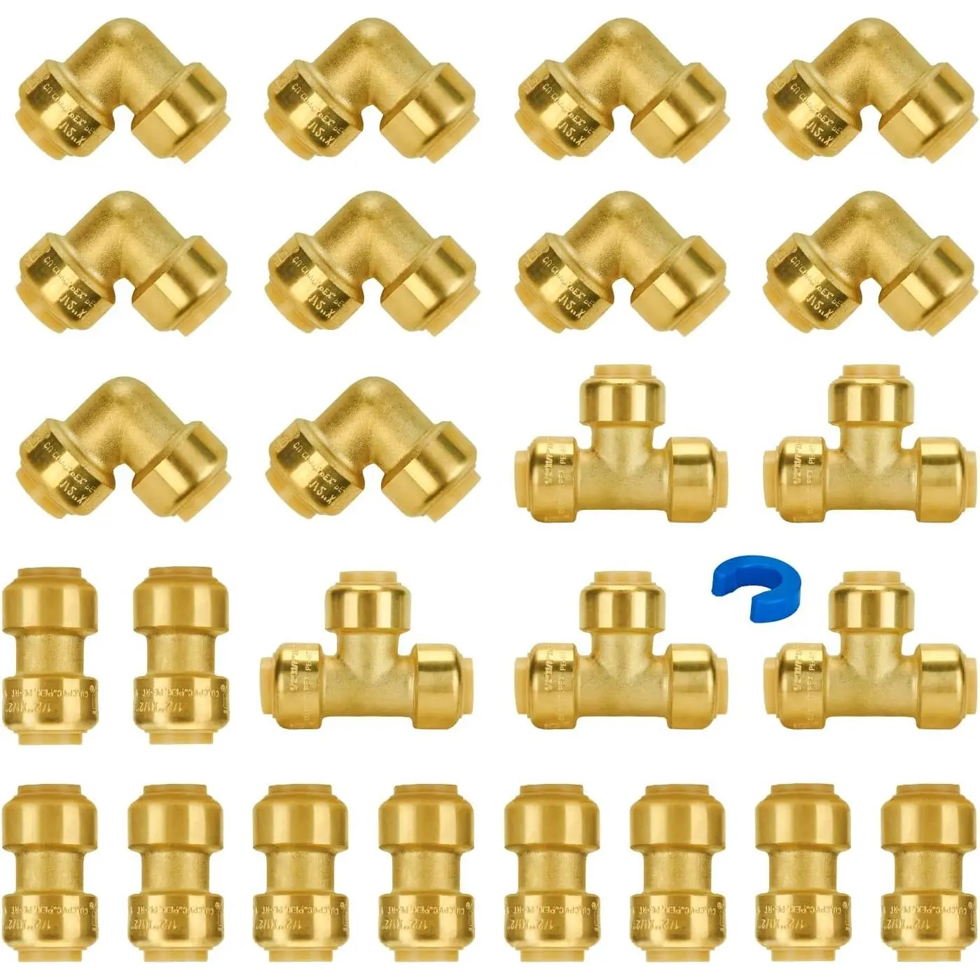 Plumbing Fittings 1/2 Inch, Push Pex Fittings 1/2", 10 Each Coupling and 90  Elbow, Tee (5 PCS), No Lead Brass Push to Connect Pex Pipe, Copper, CPVC, with 1 Disconnect Clip, Pack of 25