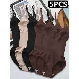 5pcs Women's Seamless Shapewear Bodysuit with Abdominal Compression & Hip Lifting - Tummy Control, No Padding, Stretchy Nylon-Spandex Blend, Black/Brown/White/Beige/Navy Blue, Perfect for Travel & Casual Attire, Comfort Undergarment |       Closefitting S