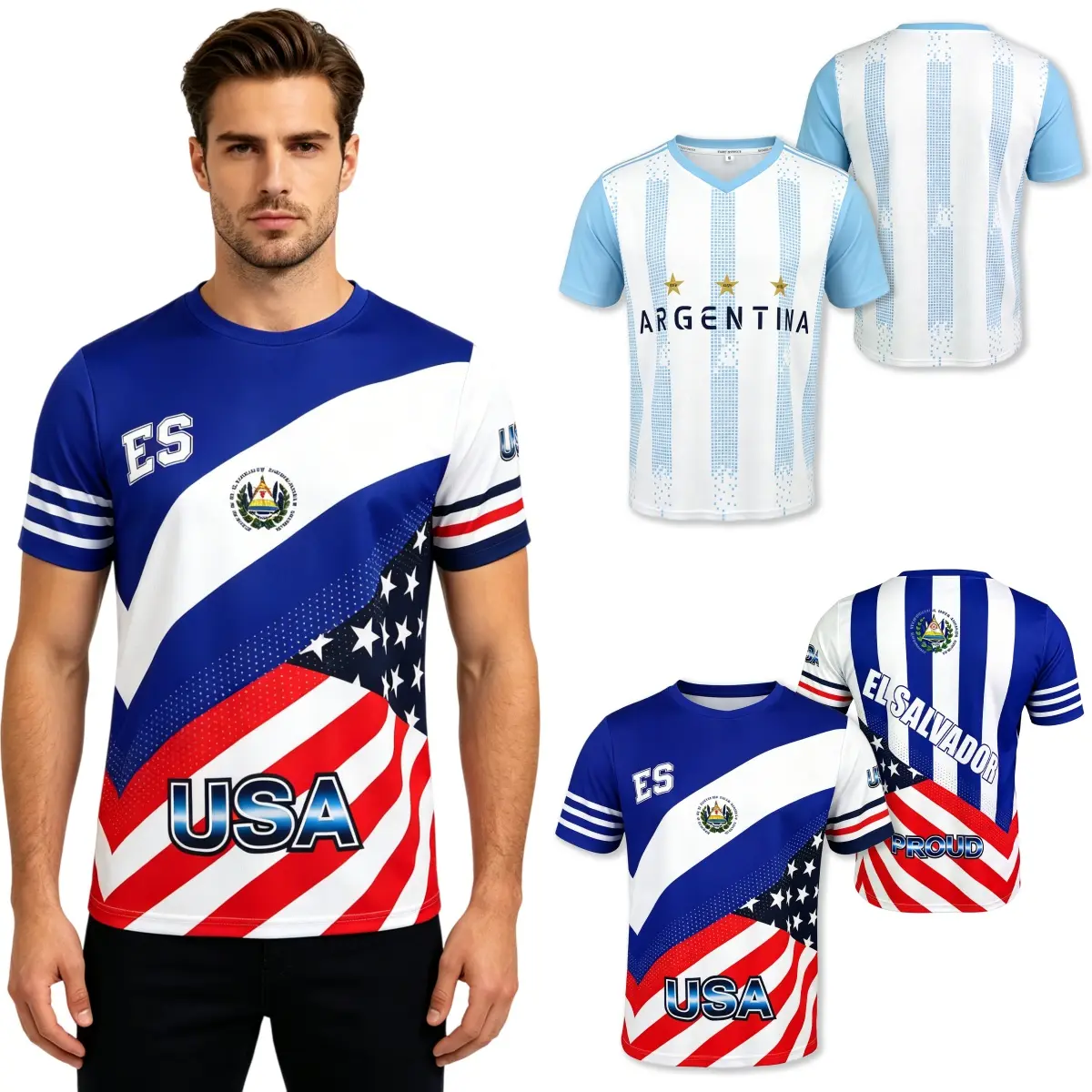 Unisex Soccer Jerseys USA Argentina Uruguay Colombia Guatemala Flag Print V Neck Football Jersey for Men Women Athletic Training Shirt Moisture Wicking Sports Top Casual Fan Apparel S-5XL Breathable Match Day Jersey