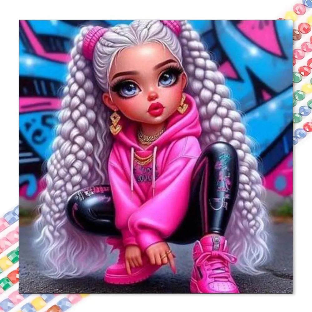 1 DIY handmade diamond painting kit, 5D diamond art set, DIY decoration, pink outfit, white long hair, graffiti background. Diamond painting kit with full round diamonds, mosaic, diamond art, DIY art home decoration, suitable for Christmas. Handicraft