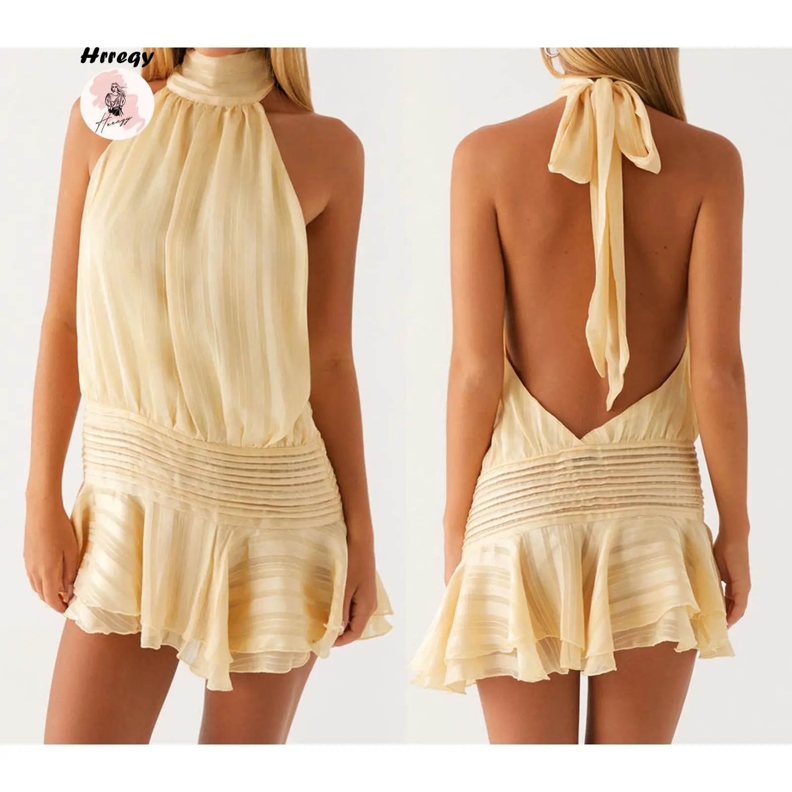Women Mini Halter Neck Dress Pleated Sleeveless Open Back A-line Layered Ruffle Short Dress - TikTok Shop Women Mini Halter Neck Dress Pleated Sleeveless Open Back A-line Layered Ruffle Short Dress - TikTok Shop