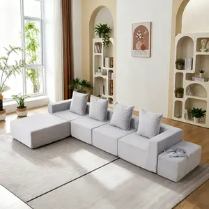 4-Seat Modular Sectional Sofa with Oversized Chaise and Ottomans - Soft Corduroy Cloud Couch for Small Spaces, Living Room Gray