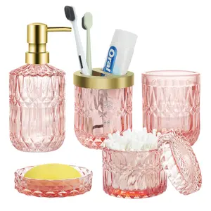 Modern 5-Pack Bathroom Caddy Set - Glass Lotion Dispenser, Toothbrush Holder, Drinking Cup, Soap Dish, Cotton Jar (Pink)