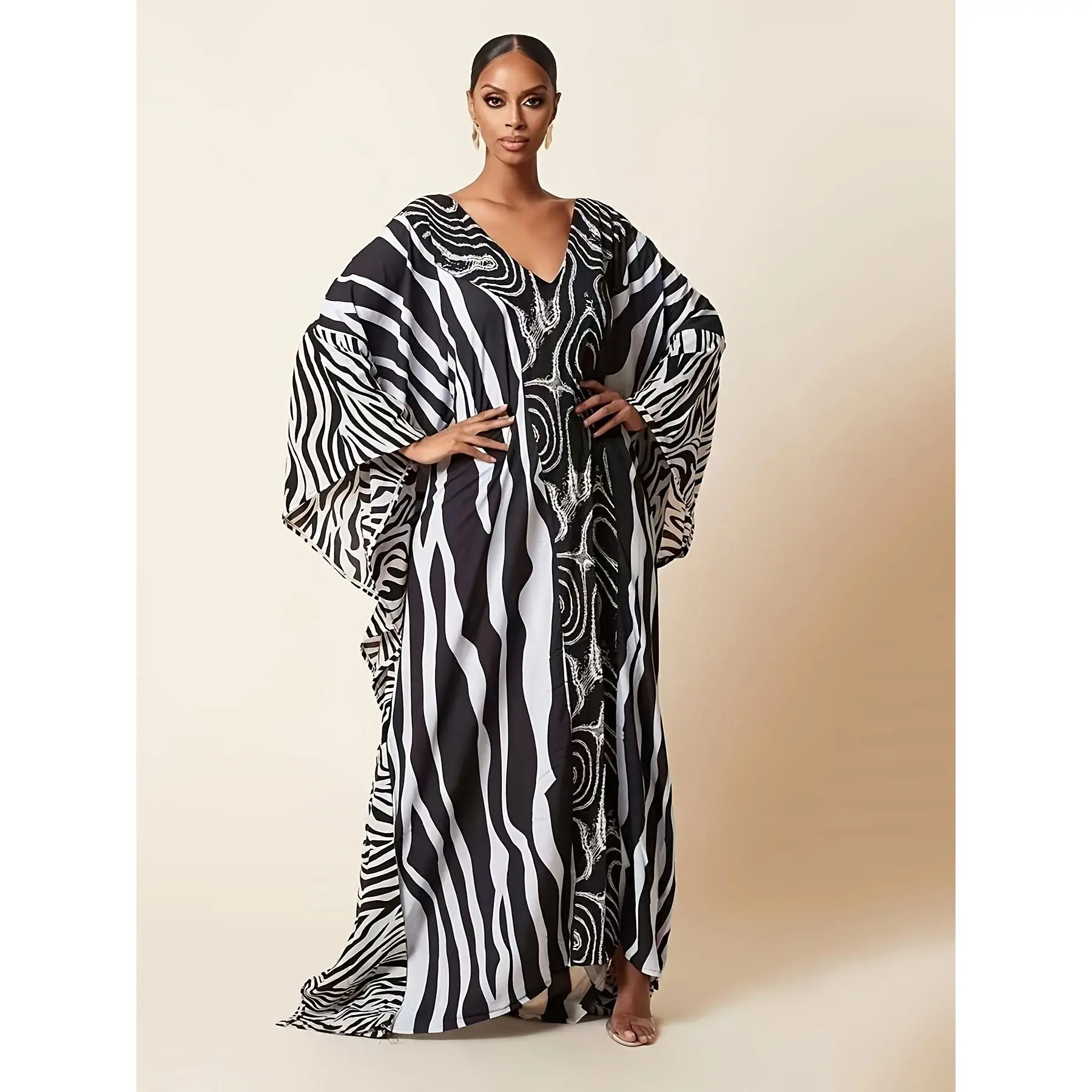 Elegant Ramadan-Inspired Maxi Kaftan Dress - Lightweight Polyester, Tribal Print, V-Neck with Batwing Sleeves and Flowing Hem - Machine Washable, Ideal for Beach or Casual Wear, Beach Coverup | Tribal Print Dress | Woven Texture, Ramadan Dress